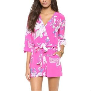 Hot Pink Floral Romper 3/4 Sleeve With Belt S